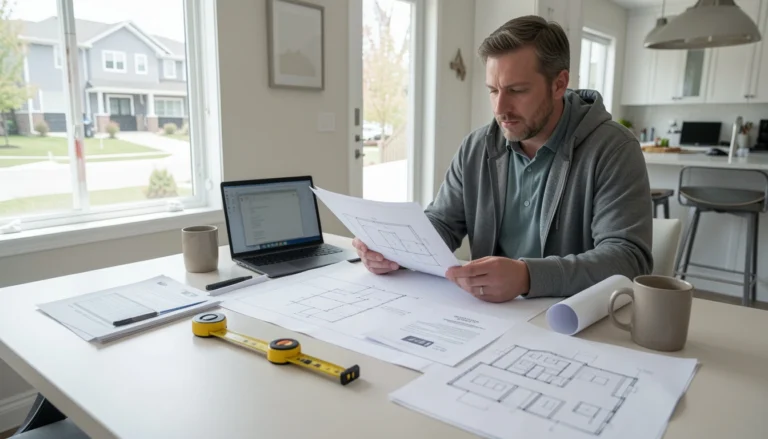 Homeowner reviewing renovation plans and permit documents for a home renovation in the GTA