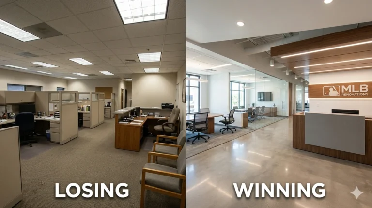 A split-screen comparison showing a dated, dim office space losing clients on the left, contrasted with a modern, bright, professionally designed commercial interior fit-out by MLB Renovations that wins clients on the right.