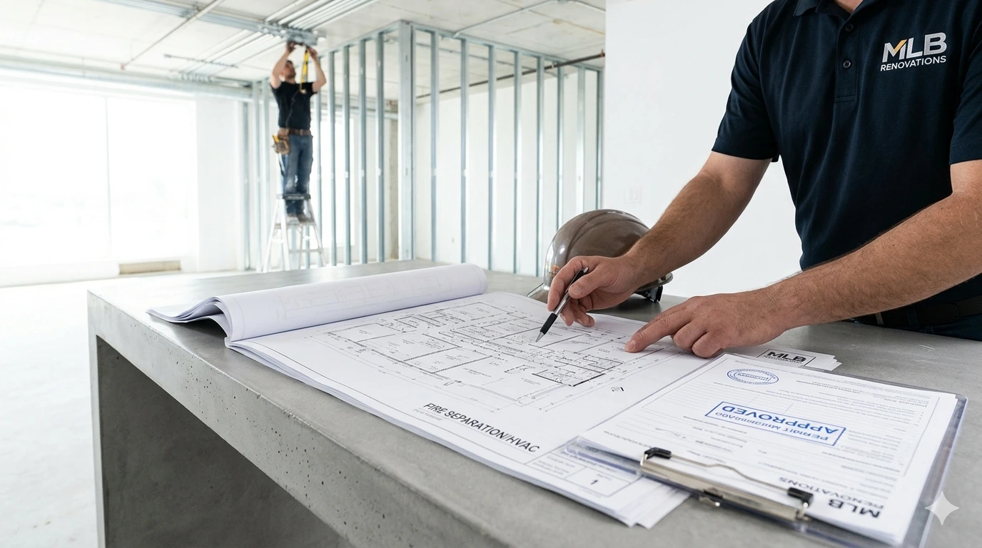 A close-up view of an architectural blueprint and an official clipboard with an approved permit stamp on a construction site. Professional hands point to HVAC and fire safety sections, illustrating how MLB Renovations manages code compliance for GTA commercial projects.