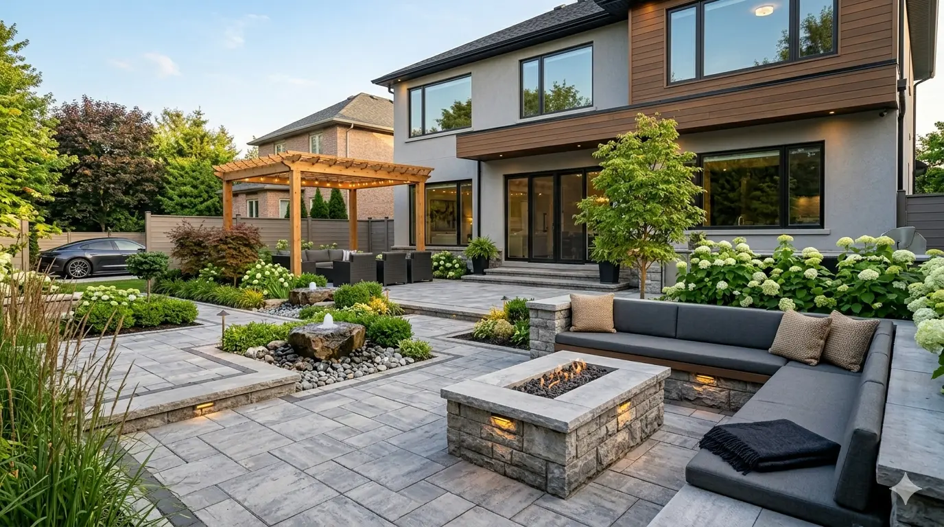 Modern GTA backyard hardscaping with stone fire pit integrated seating and porcelain tile patio