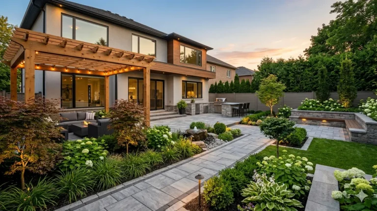 Modern GTA backyard design with stone patio pergola and landscape lighting